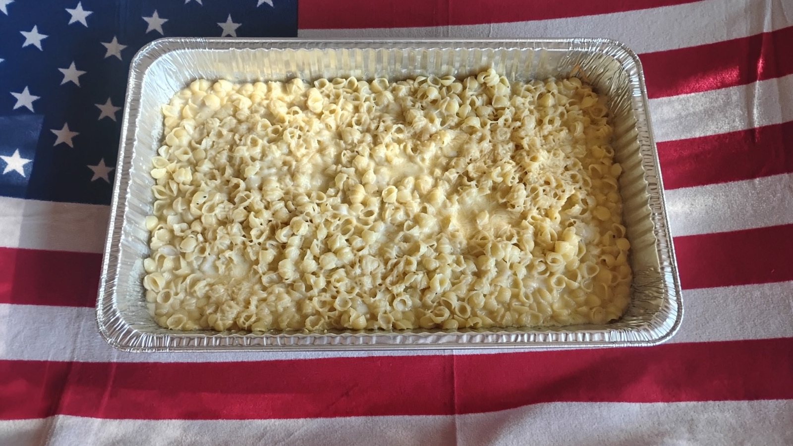 A catering pan of shell pasta baked in alfredo sauce